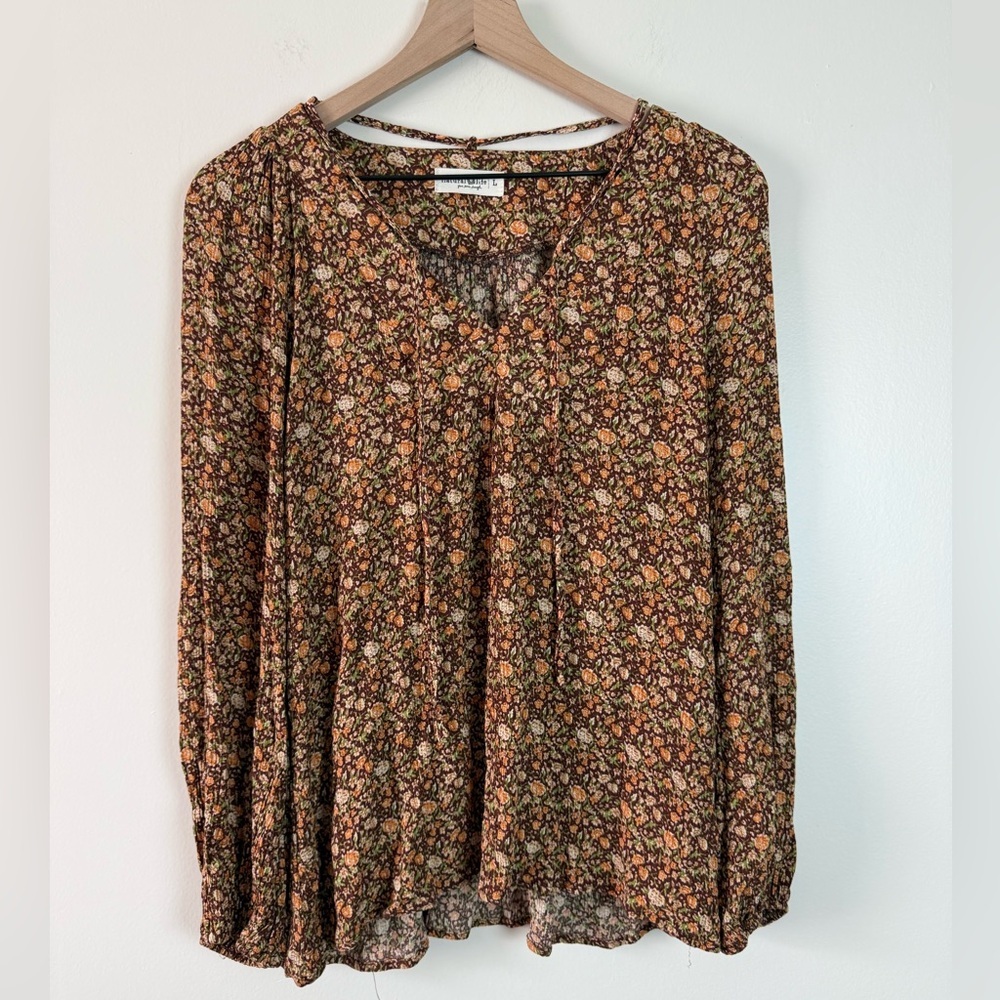 Natural Life Womens Floral Long Sleeve Blouse Top Large Orange Boho Western